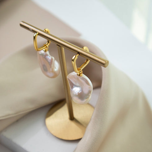 Baroque Pearl Drop Gold Square Hoop Earrings